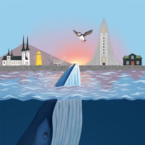 Illustration of a whale rising in front of Reykjavík with a puffin overhead