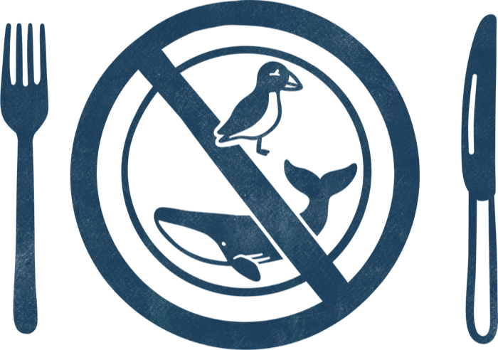 Drawing of a plate with a crossed-out whale and puffin, between a fork and a knife