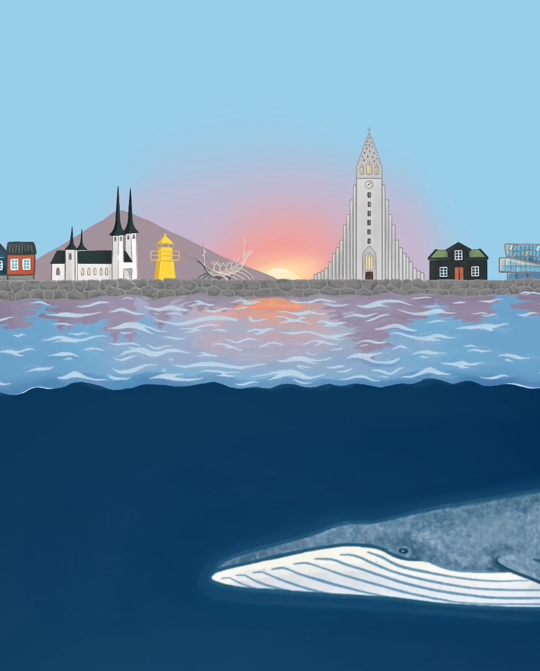 Still from the film: Reykjavík at sunset above the water, a whale swimming in the deep blue below