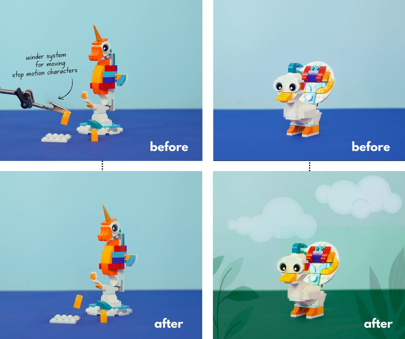Before and after: the winder rig that moves the seahorse is removed, and a digital background of clouds and plants is added behind the peacock