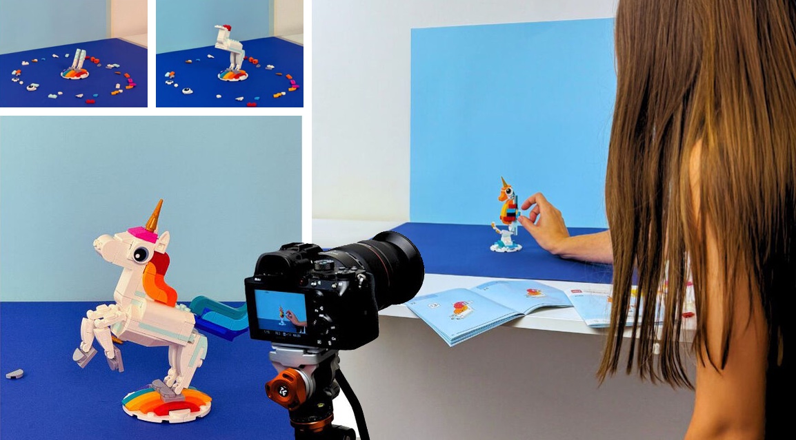 Behind the scenes: animating the LEGO seahorse by hand in front of a camera on a tripod, with stills of the unicorn being built