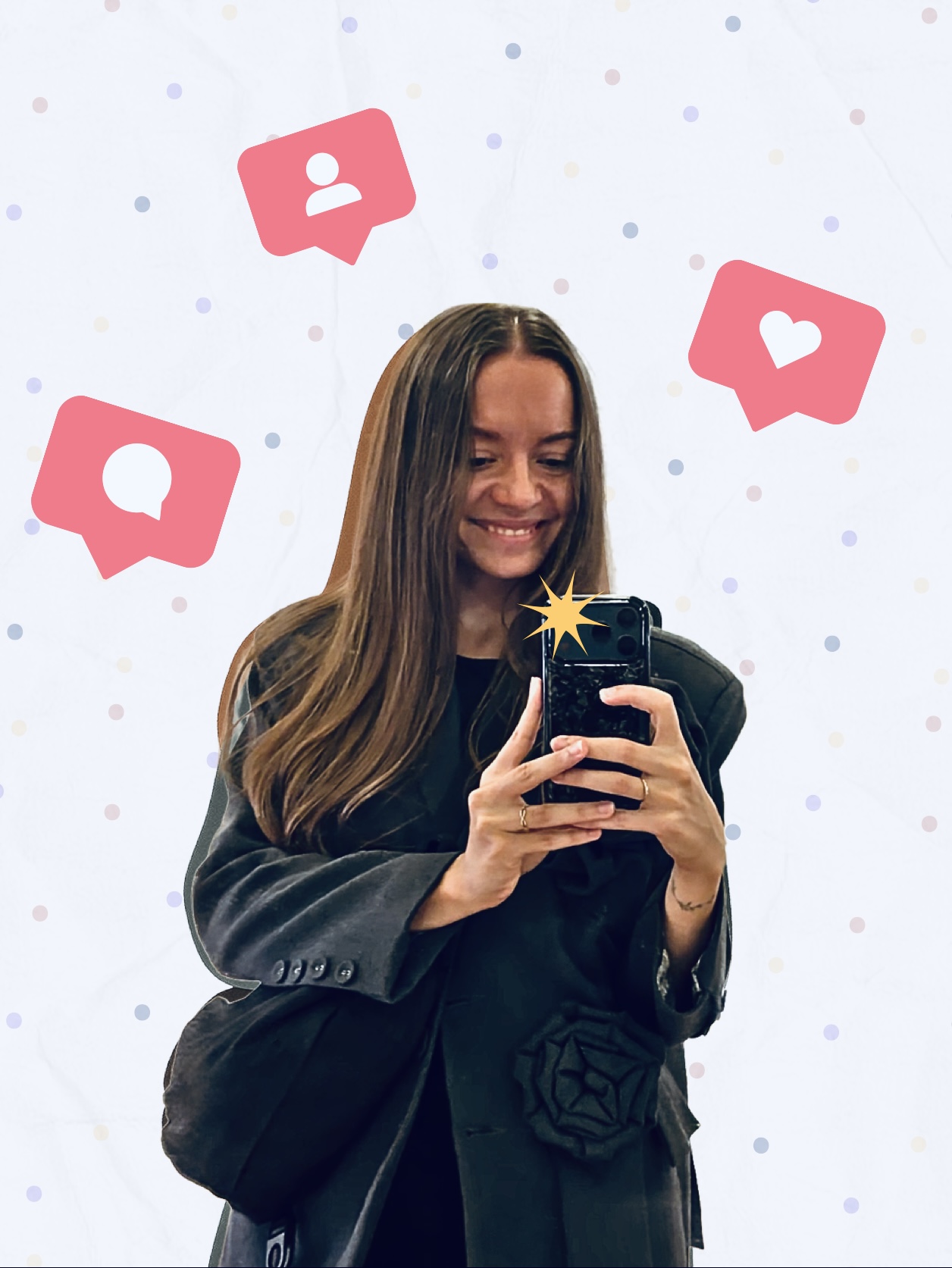 Yuliya smiling at her phone, taking a mirror selfie, with pink like, comment and follower icons around her